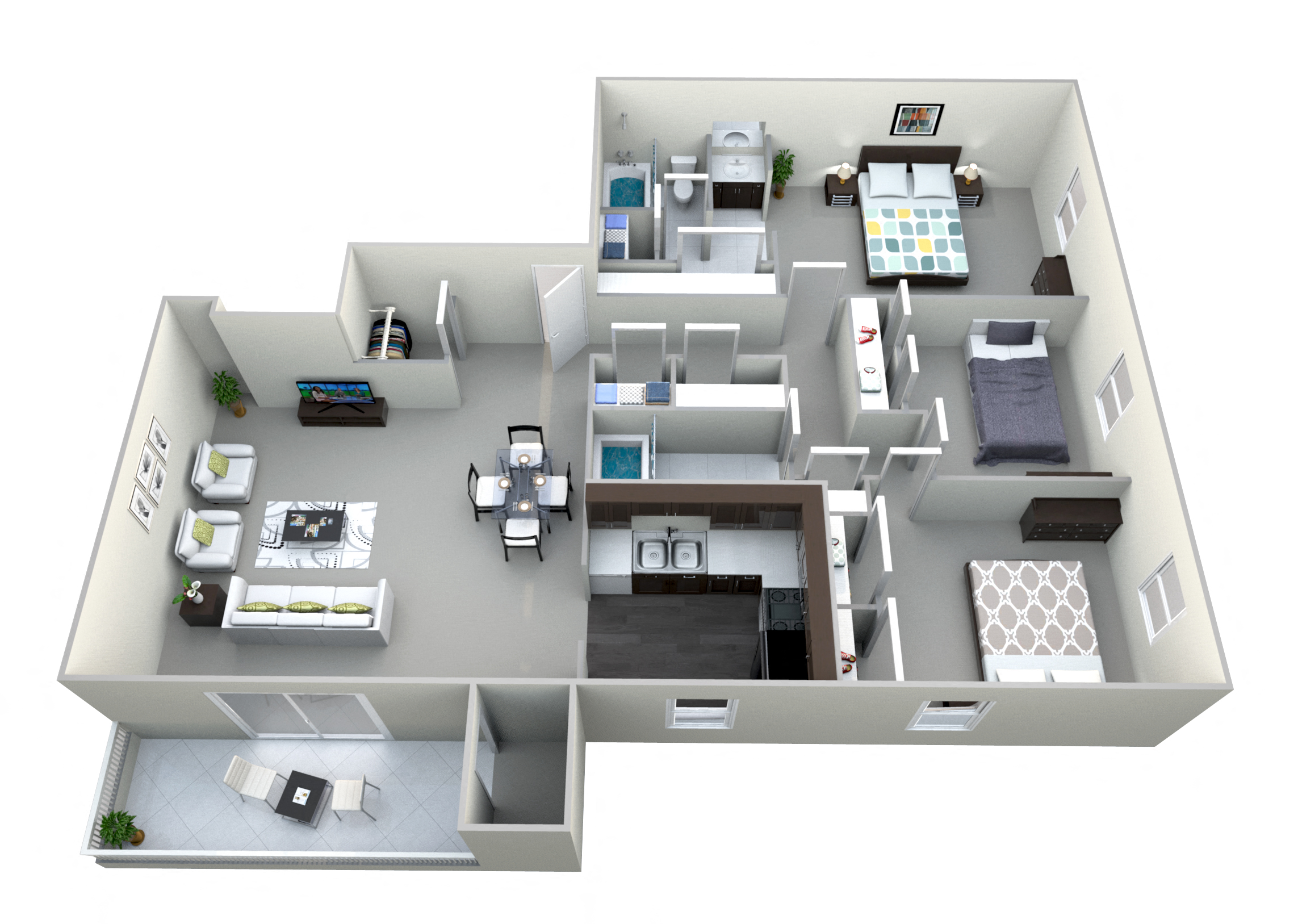 Floor plan for 3 beds, 2 baths, 1286 sqft