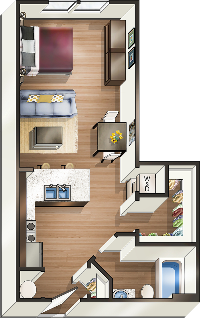Floor plan for studio, 1 bath, 480 sqft