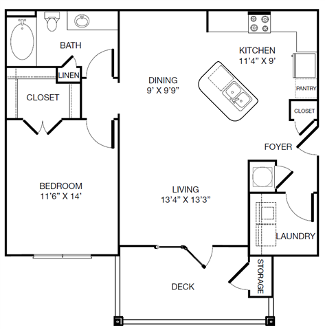 Floor plan for 1 bed, 1 bath, 845 sqft