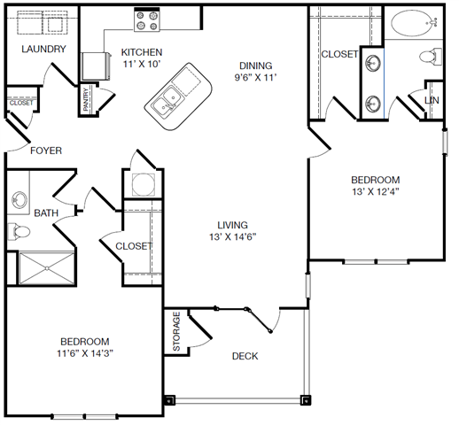 Floor plan for 2 beds, 2 baths, 1250 sqft