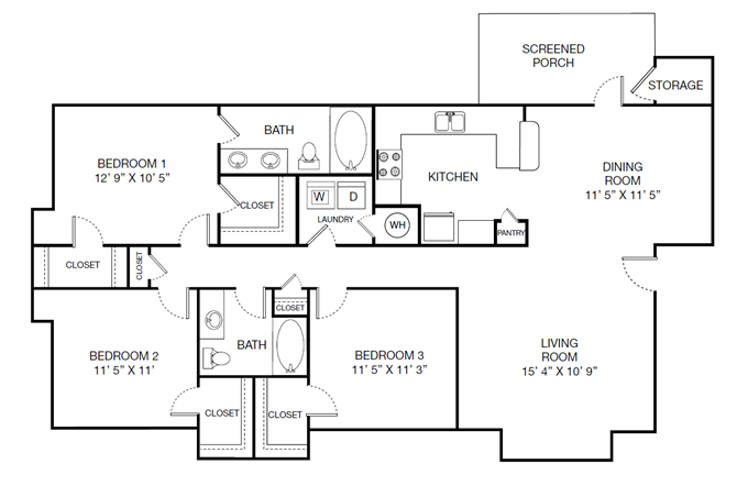 Floor plan for 3 beds, 2 baths, 1435 sqft
