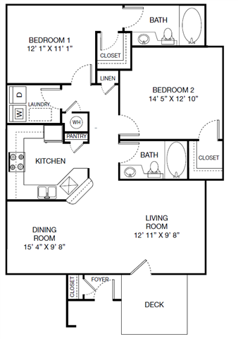 Floor plan for 2 beds, 2 baths, 1178 sqft