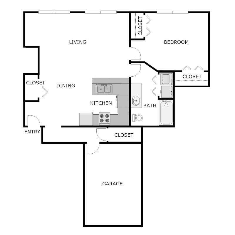 Floor plan for 1 bed, 1 bath, 950 sqft