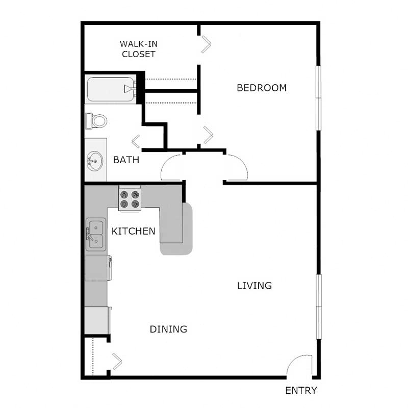 Floor plan for 1 bed, 1 bath, 950 sqft