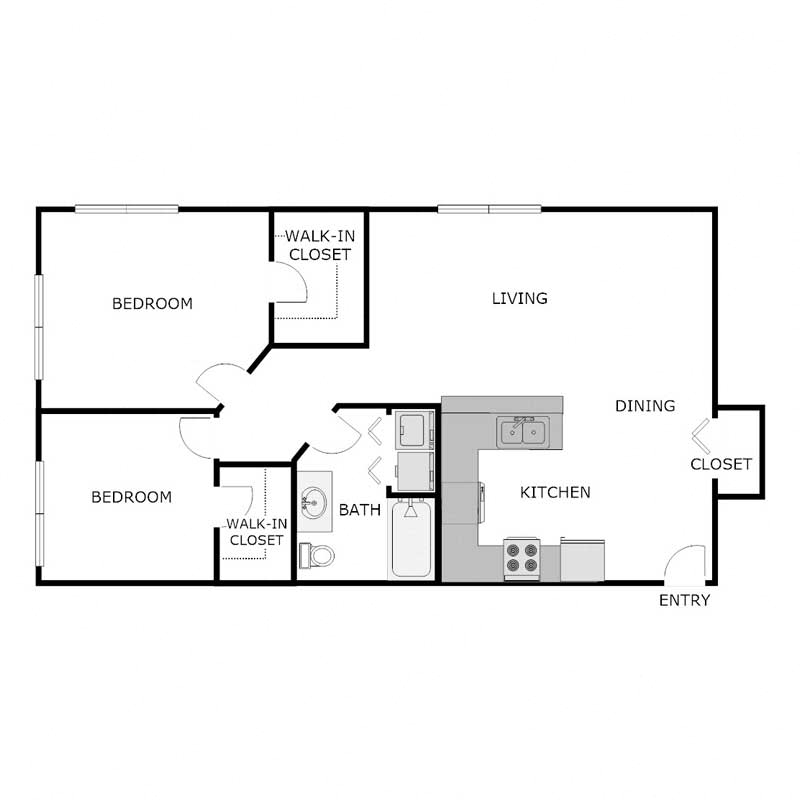 Floor plan for 2 beds, 1 bath, 1100 sqft