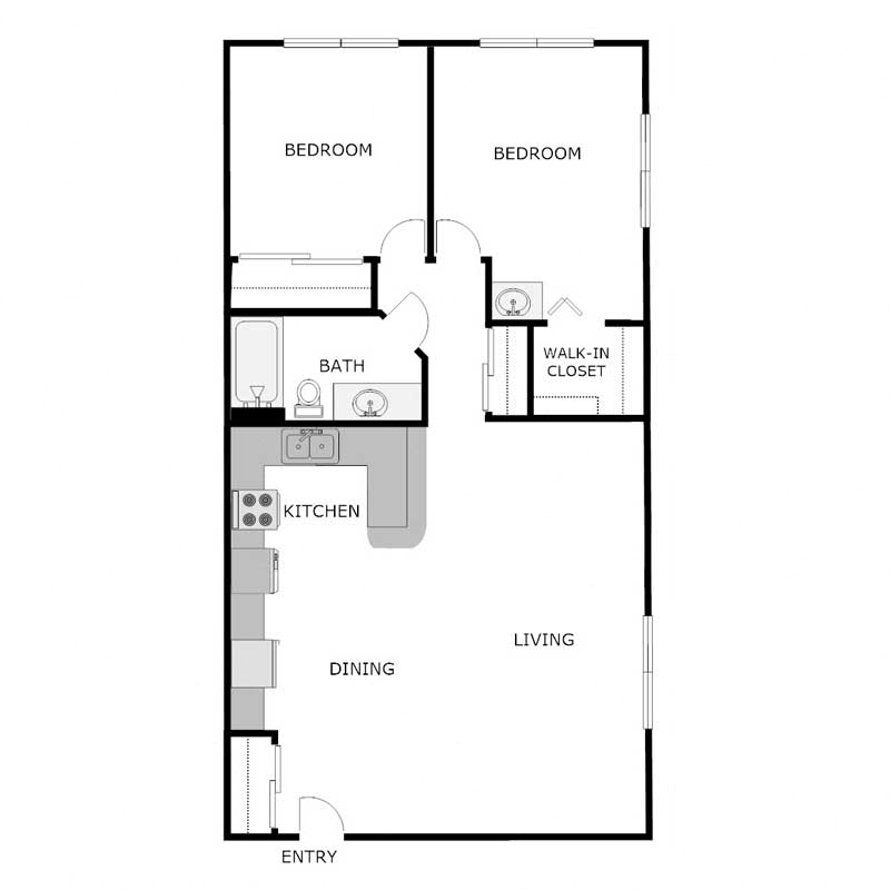 Floor plan for 2 beds, 1 bath, 975 sqft