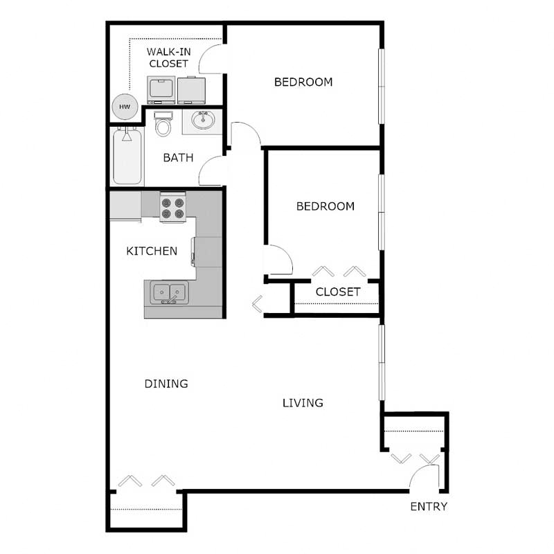 Floor plan for 2 beds, 1 bath, 975 sqft