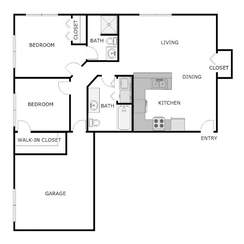 Floor plan for 2 beds, 2 baths, 1200 sqft