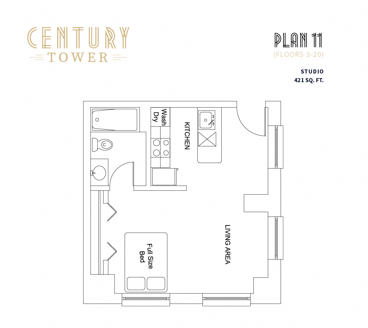 Floor plan for studio, 1 bath, 421 sqft