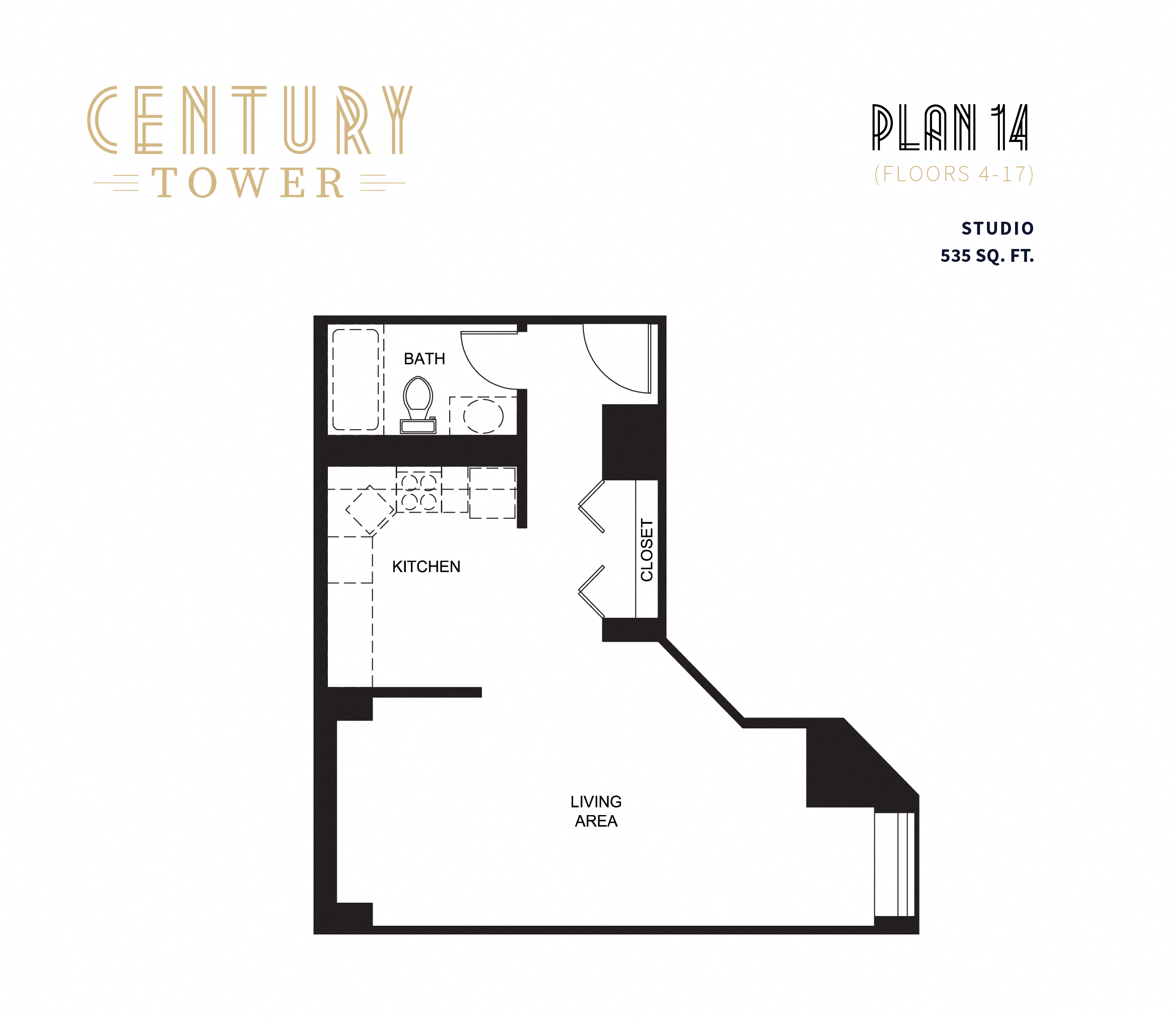 Floor plan for studio, 1 bath, 535 sqft