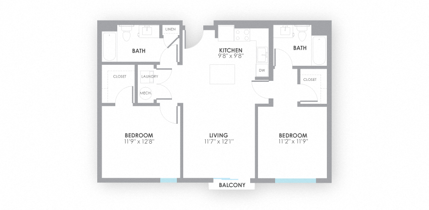 Floor plan for 2 beds, 2 baths, 955 sqft