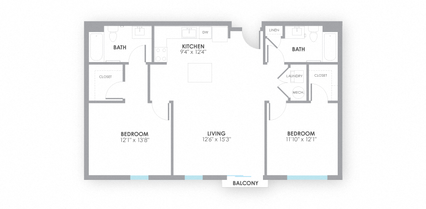 Floor plan for 2 beds, 2 baths, 1088 sqft