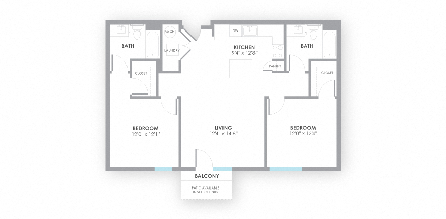 Floor plan for 2 beds, 2 baths, 1046 sqft