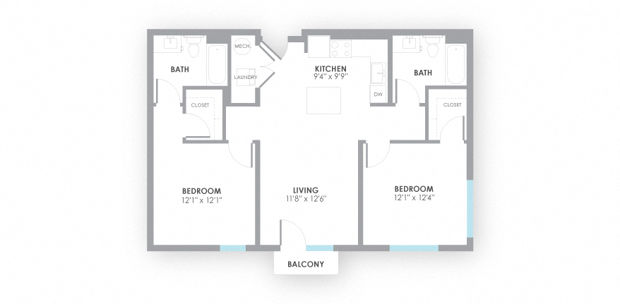 Floor plan for 2 beds, 2 baths, 980 sqft
