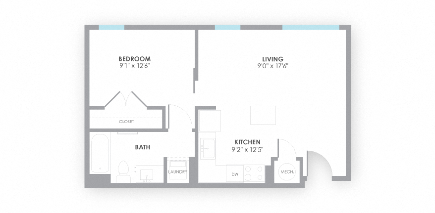 Floor plan for studio, 1 bath, 595 sqft