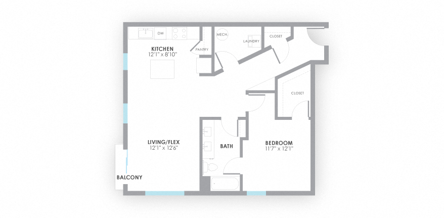 Floor plan for 1 bed, 1 bath, 936 sqft