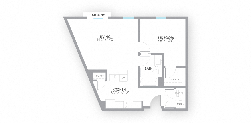 Floor plan for 1 bed, 1 bath, 734 sqft