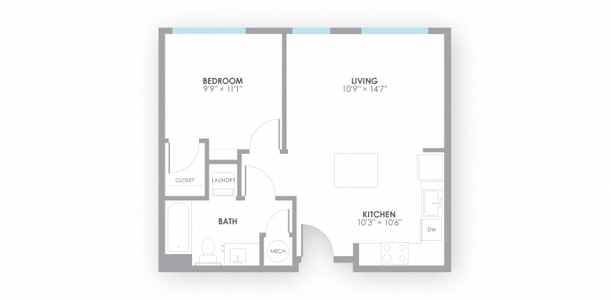 Floor plan for 1 bed, 1 bath, 600 sqft