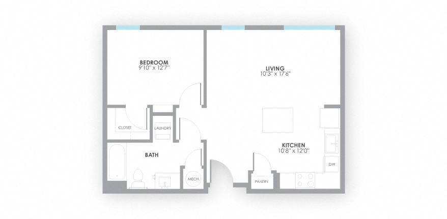 Floor plan for 1 bed, 1 bath, 688 sqft