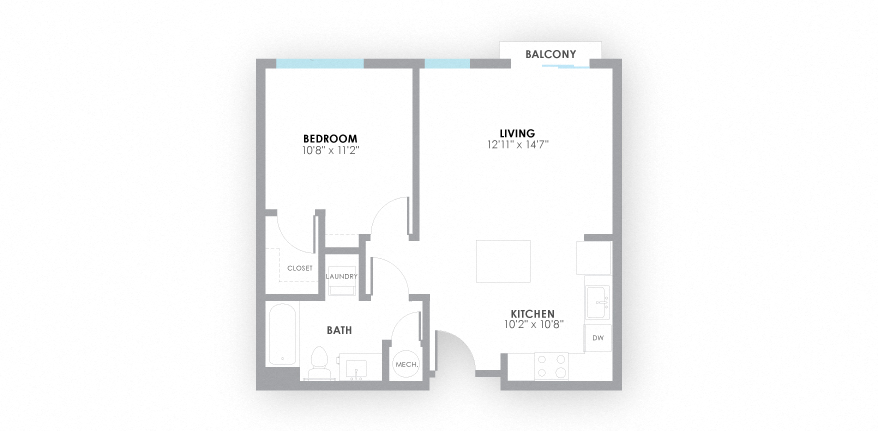 Floor plan for 1 bed, 1 bath, 654 sqft