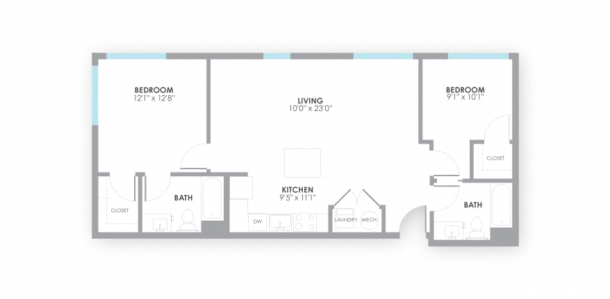 Floor plan for 2 beds, 2 baths, 969 sqft