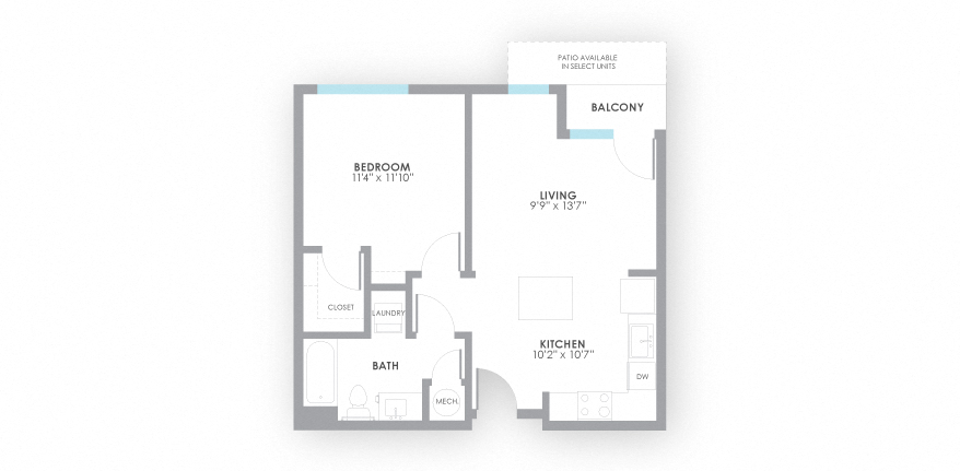 Floor plan for 1 bed, 1 bath, 651 sqft