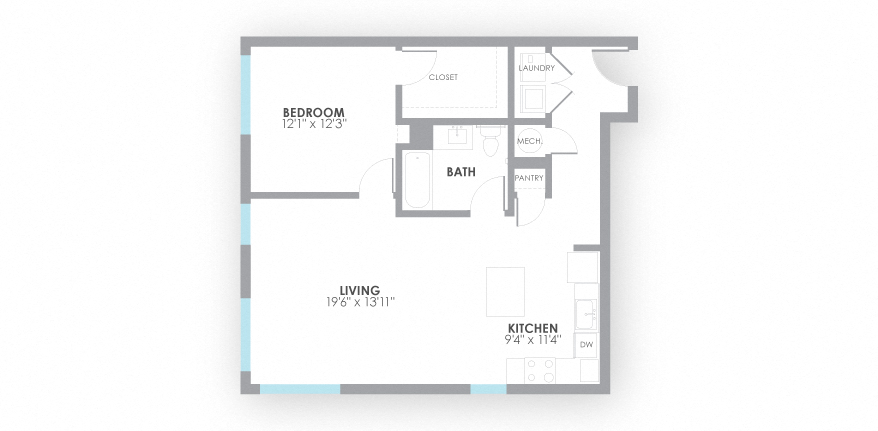 Floor plan for 1 bed, 1 bath, 878 sqft