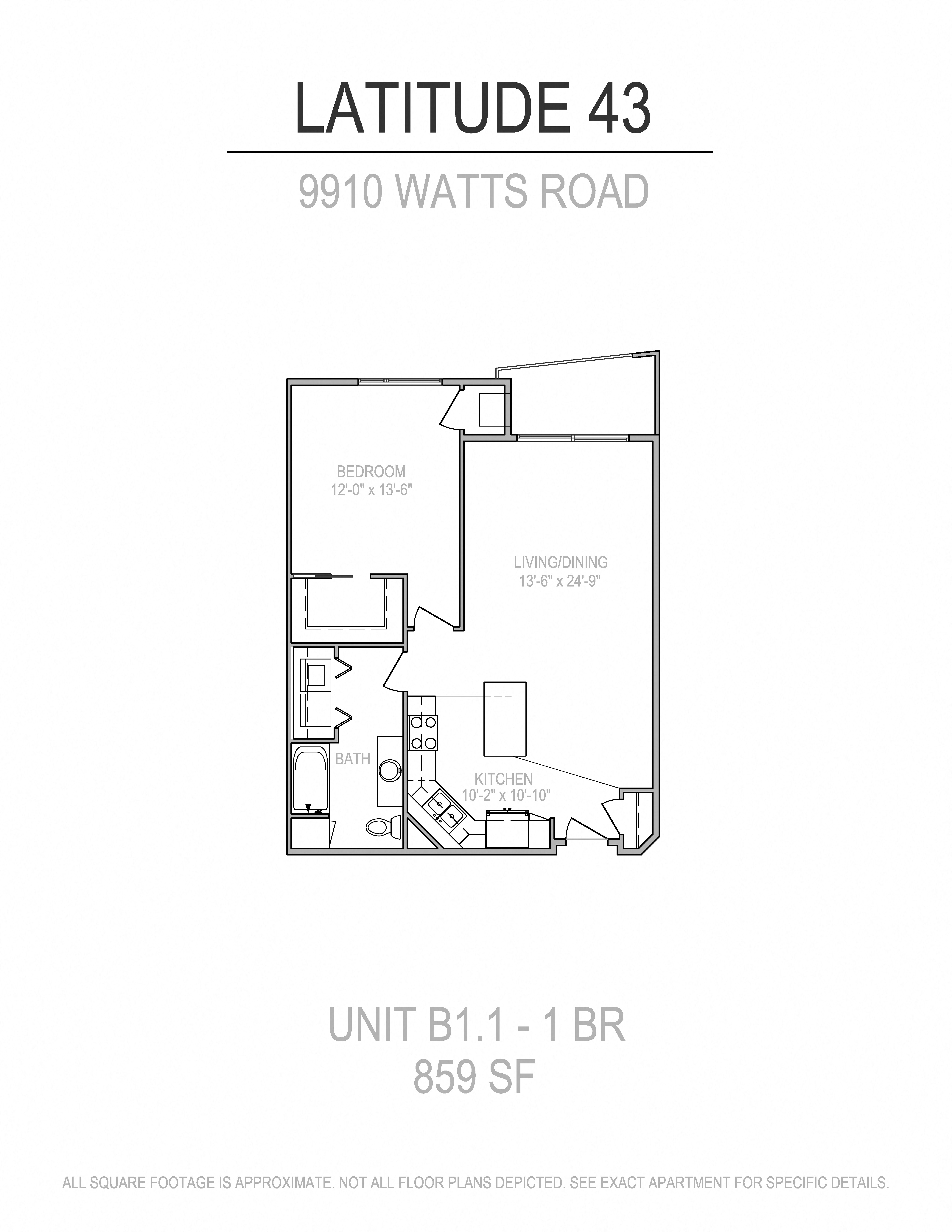 Floor plan for 1 bed, 1 bath, 859 sqft