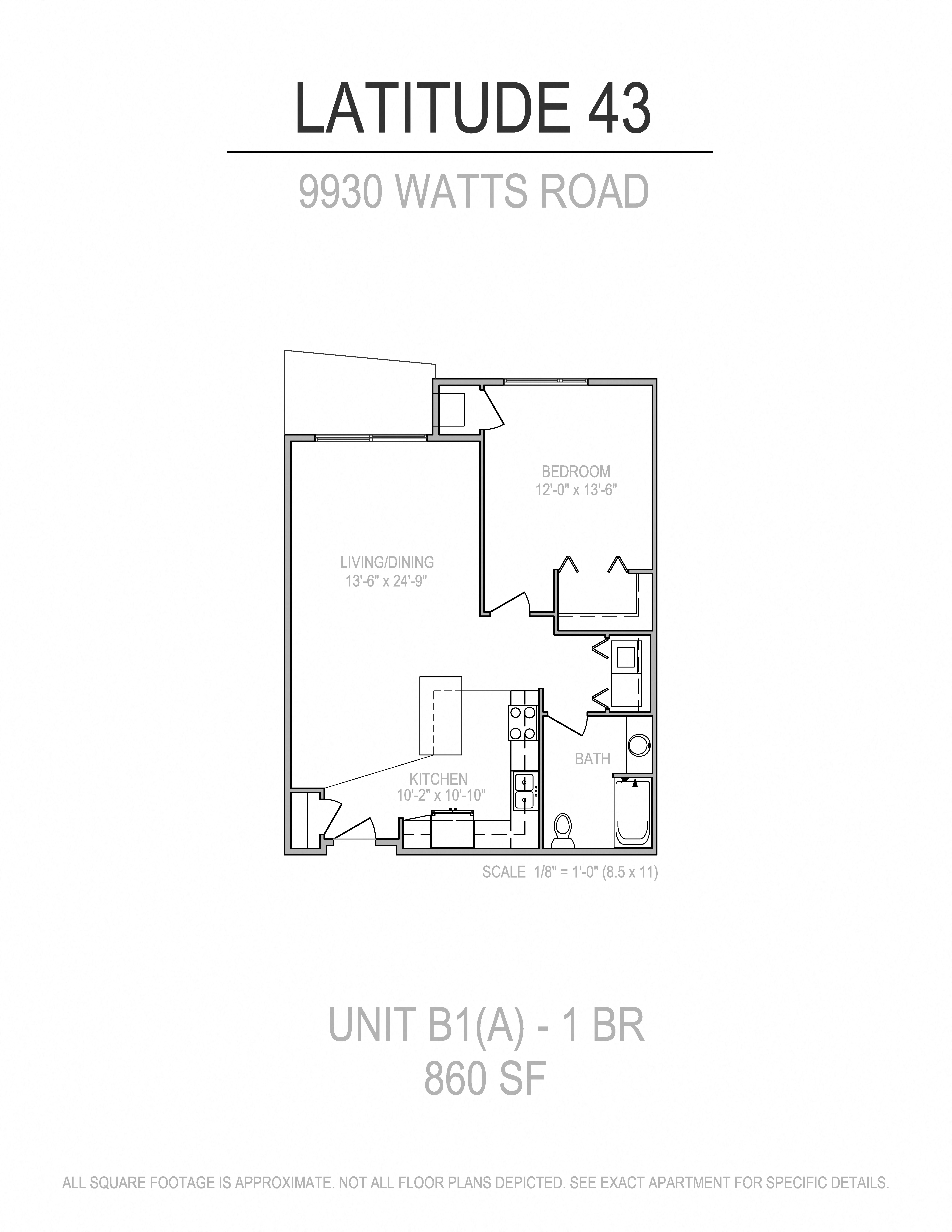 Floor plan for 1 bed, 1 bath, 860 sqft