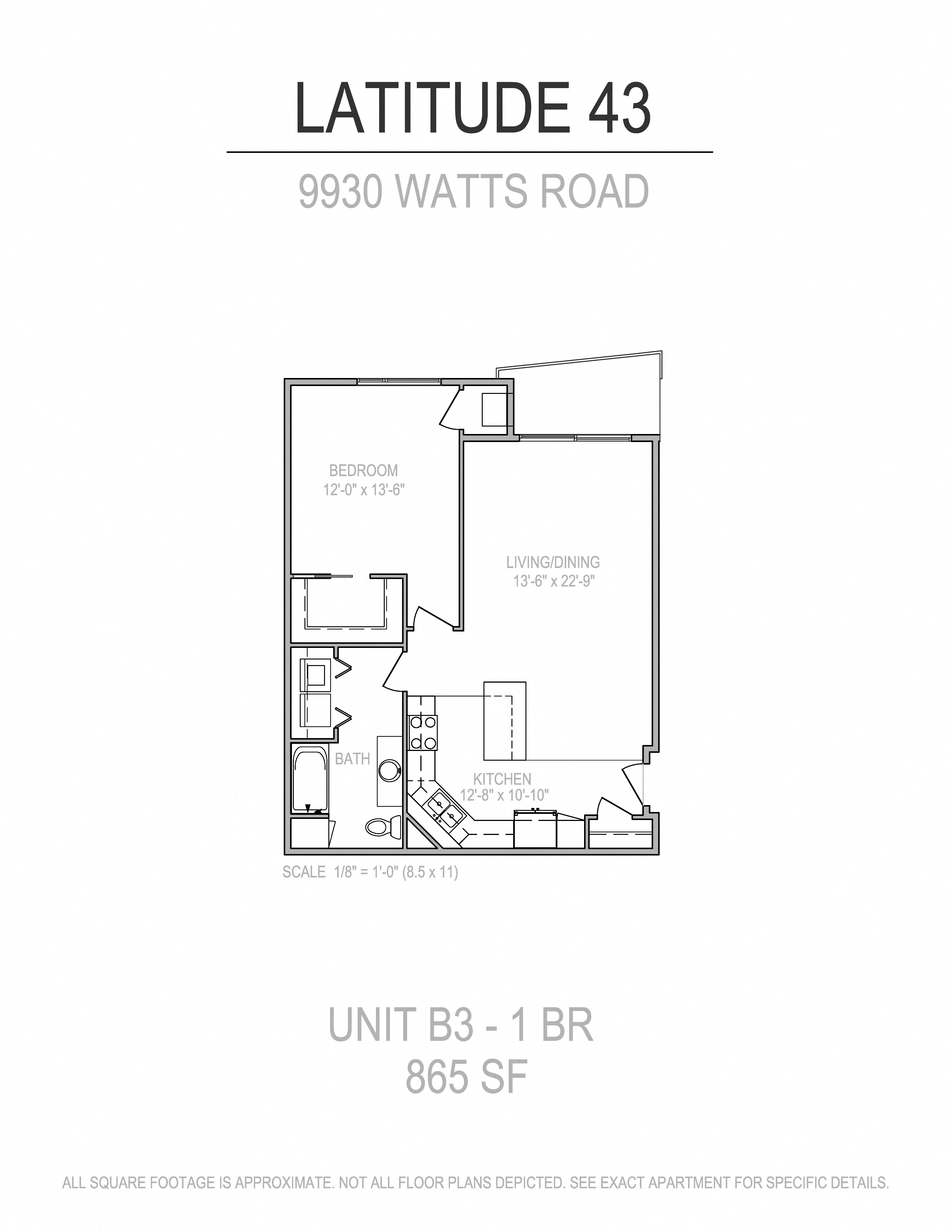 Floor plan for 1 bed, 1 bath, 865 sqft