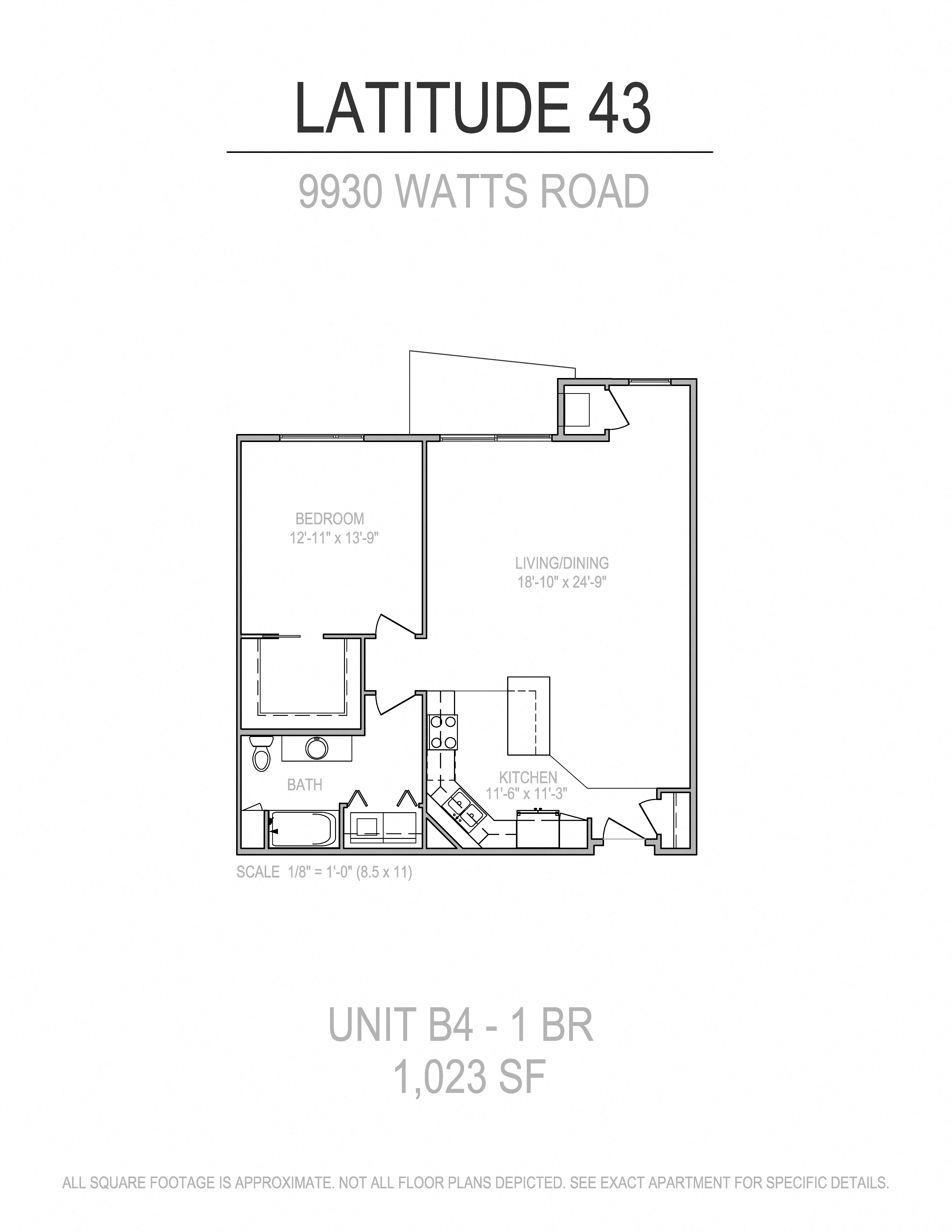 Floor plan for 1 bed, 1 bath, 1023 sqft