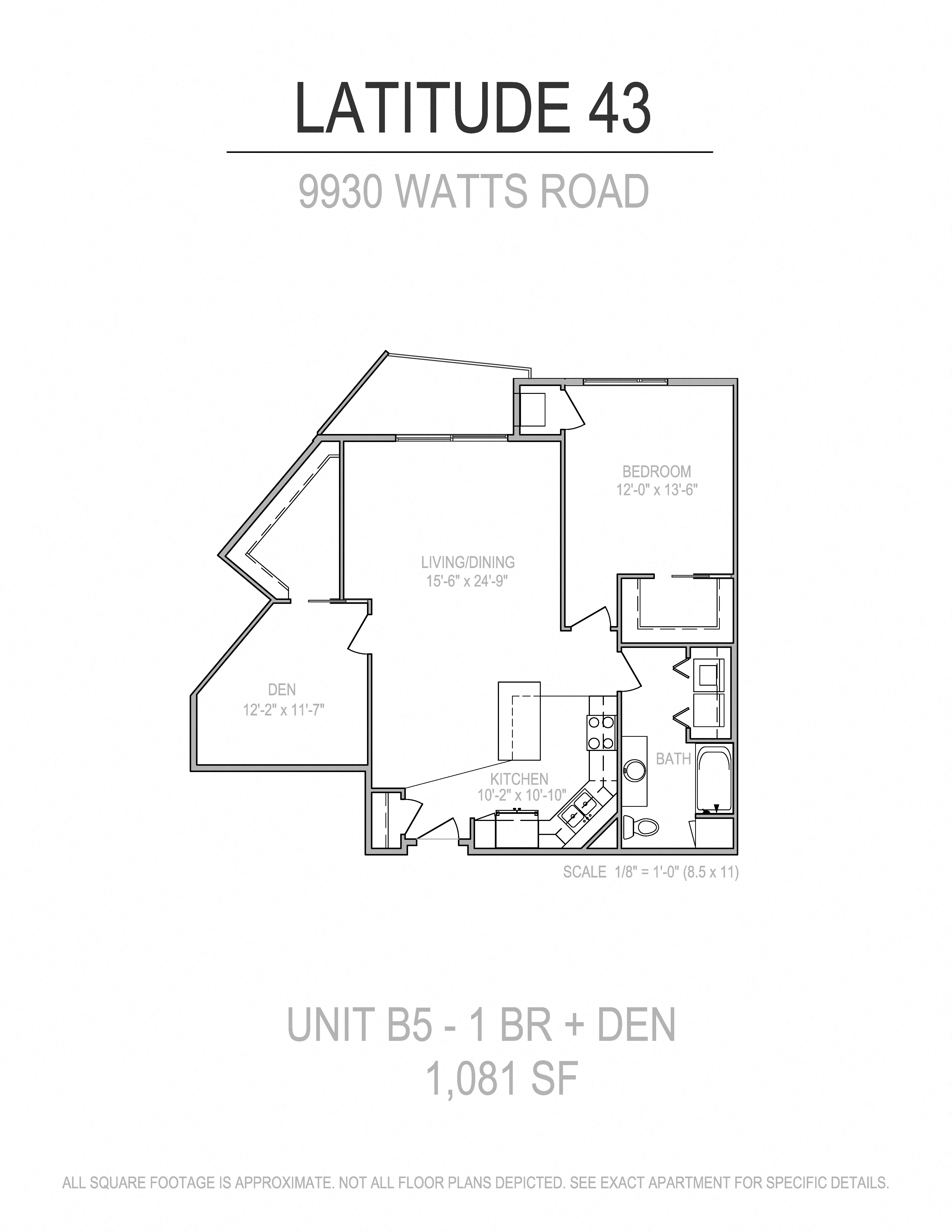 Floor plan for 1 bed, 1 bath, 1081 sqft