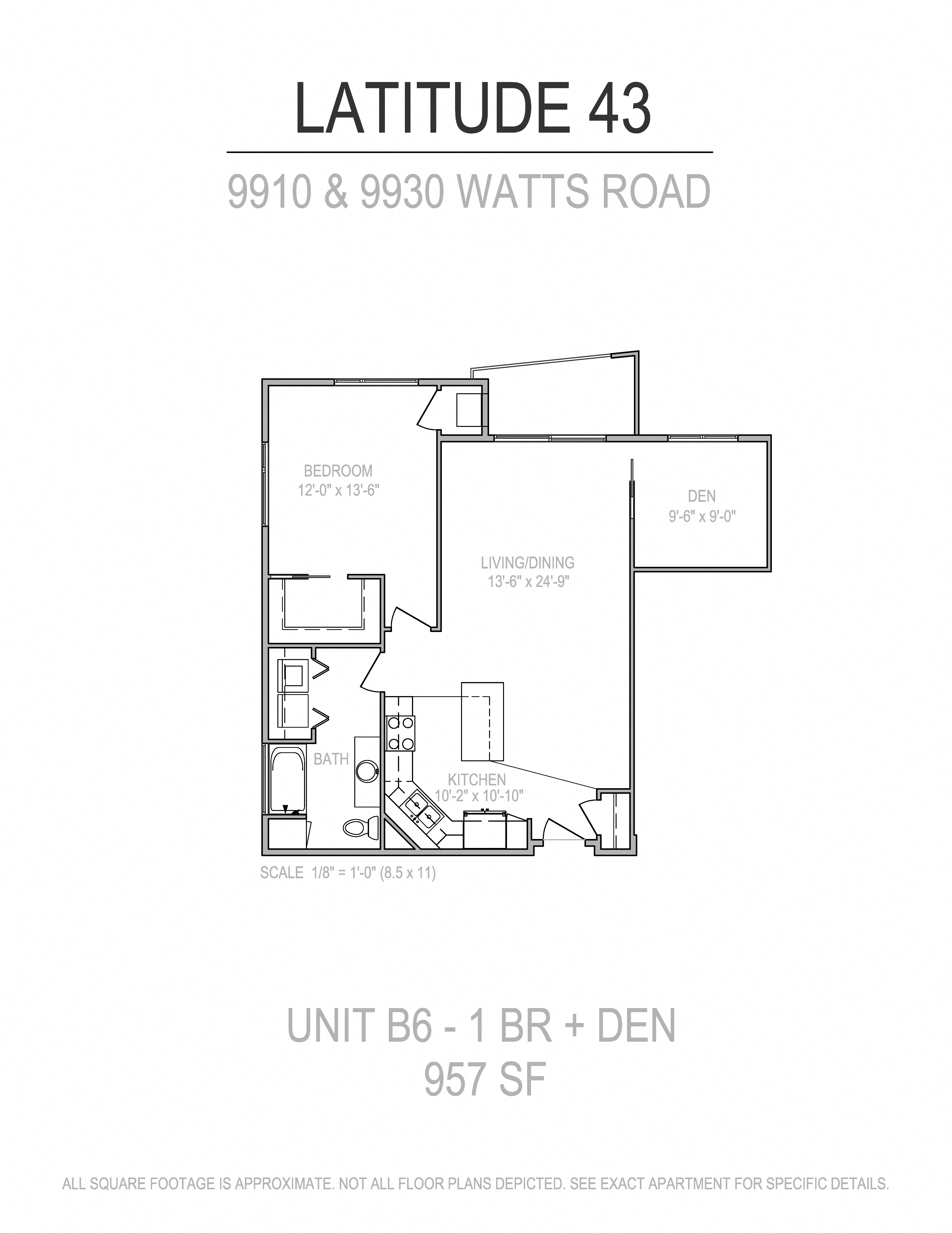 Floor plan for 1 bed, 1 bath, 957 sqft
