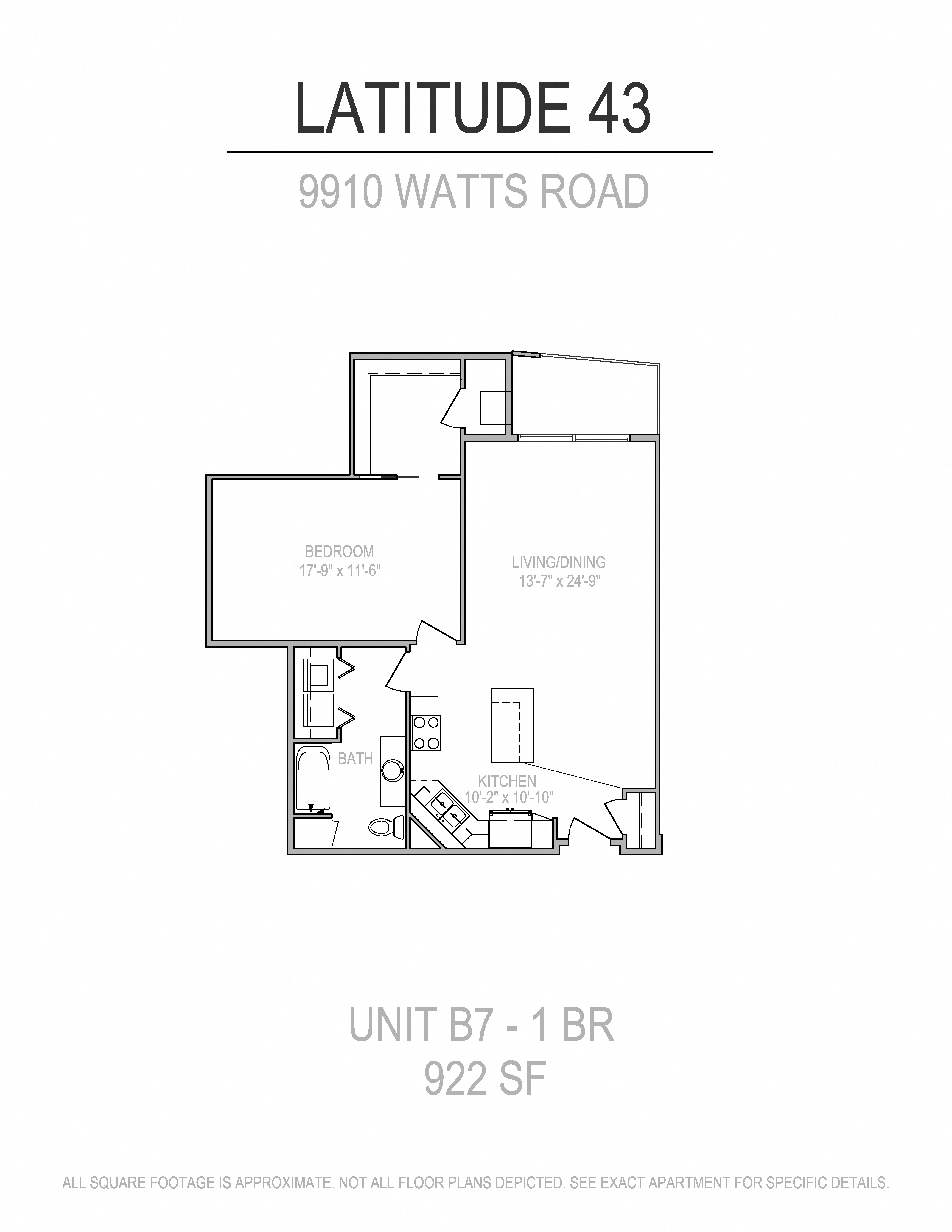 Floor plan for 1 bed, 1 bath, 922 sqft