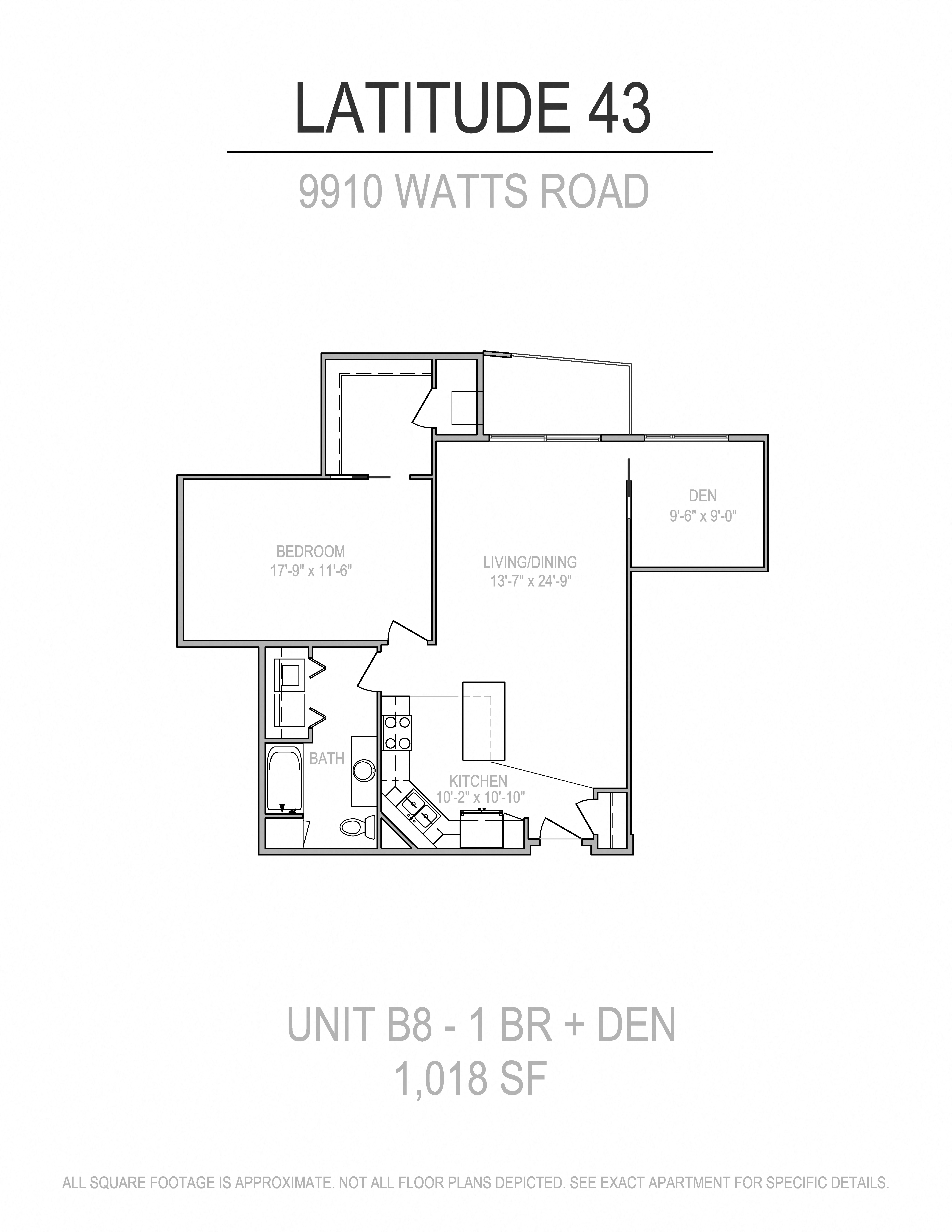 Floor plan for 1 bed, 1 bath, 1018 sqft
