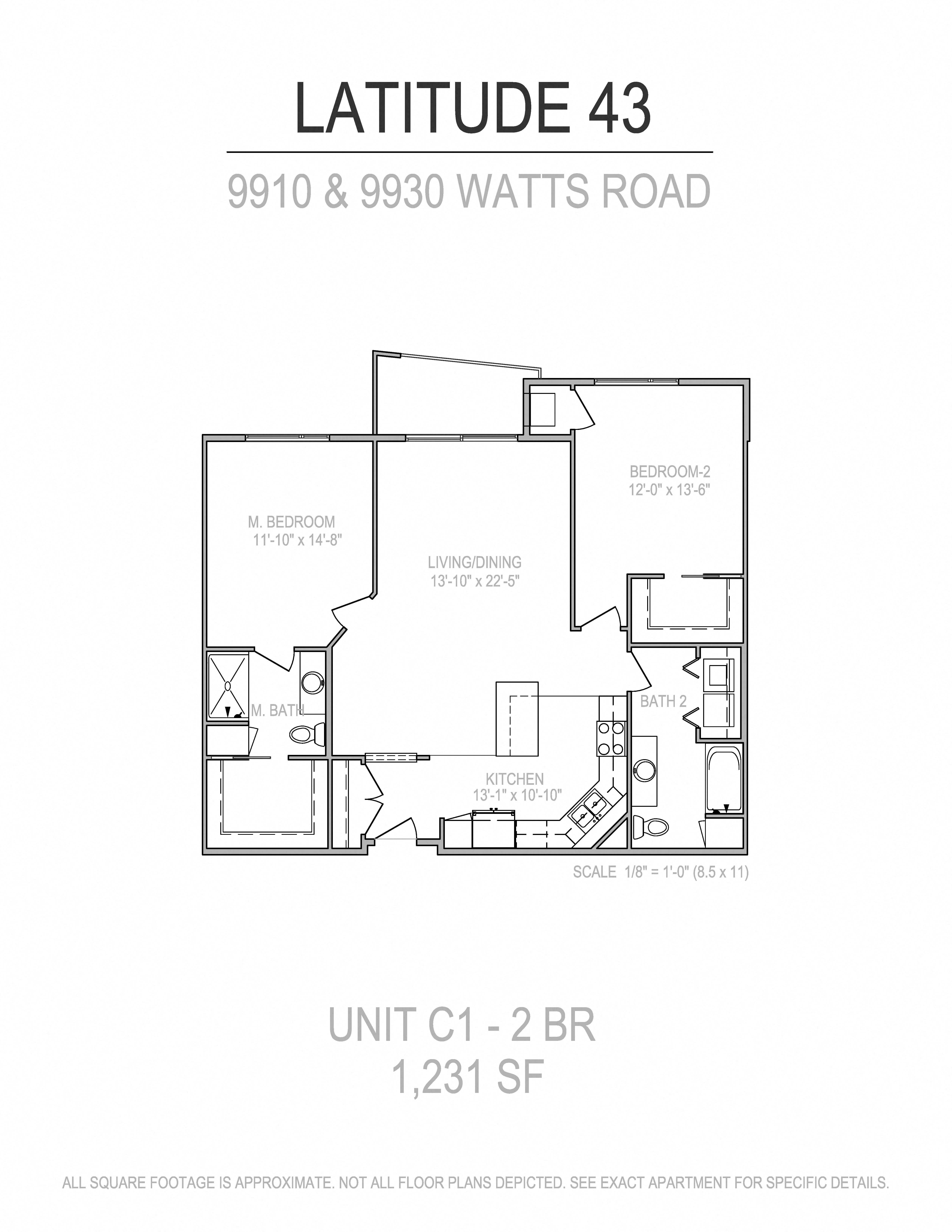 Floor plan for 2 beds, 2 baths, 1231 sqft