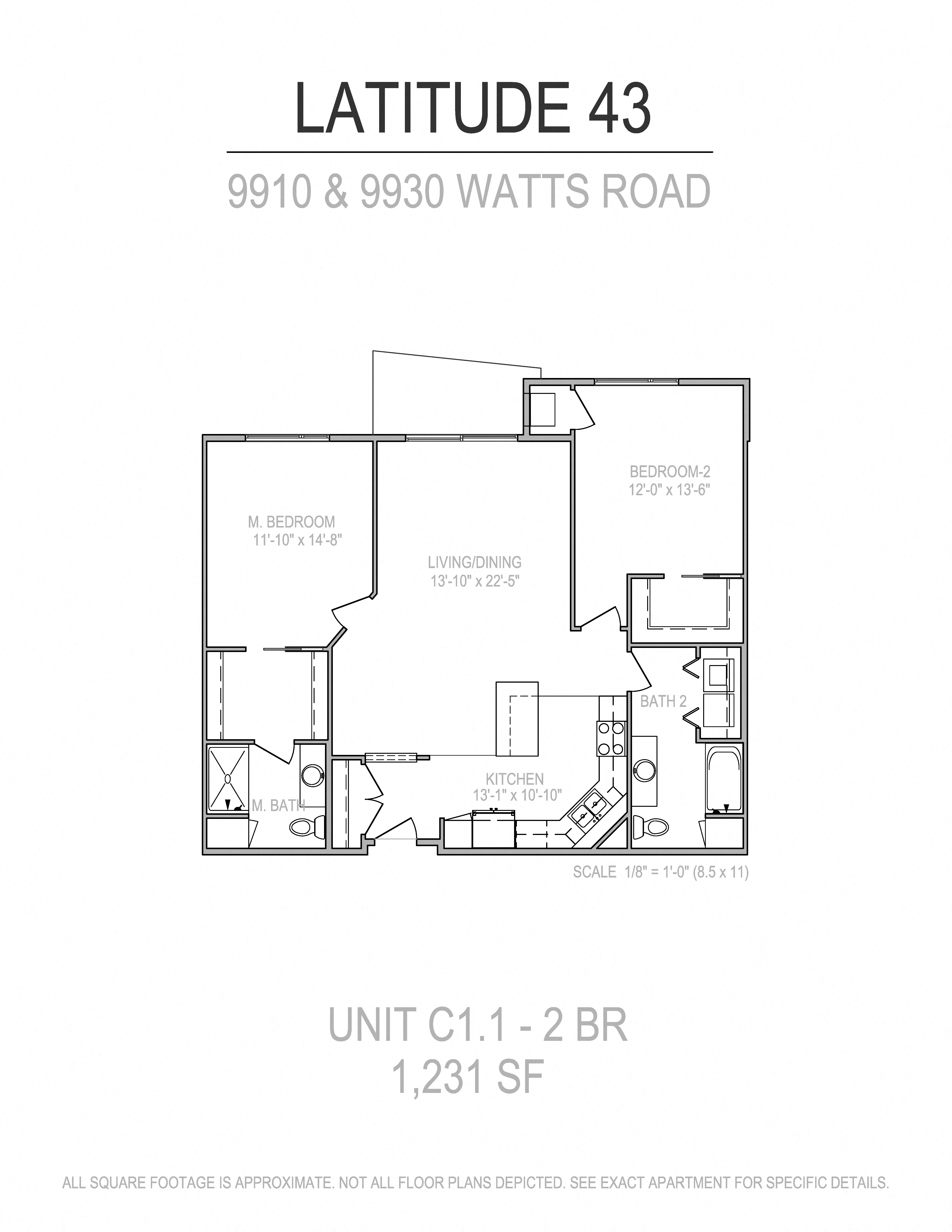 Floor plan for 2 beds, 2 baths, 1231 sqft