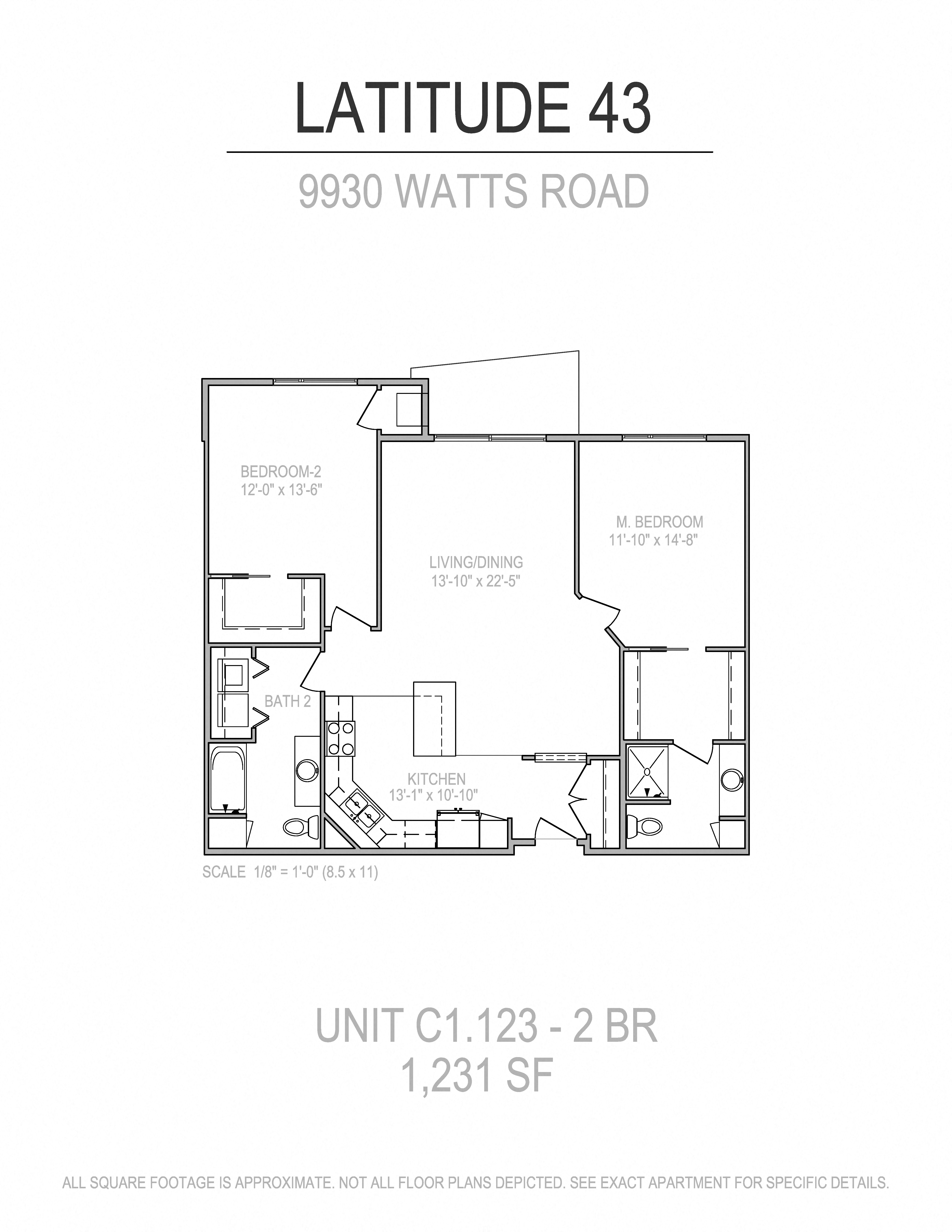 Floor plan for 2 beds, 2 baths, 1231 sqft