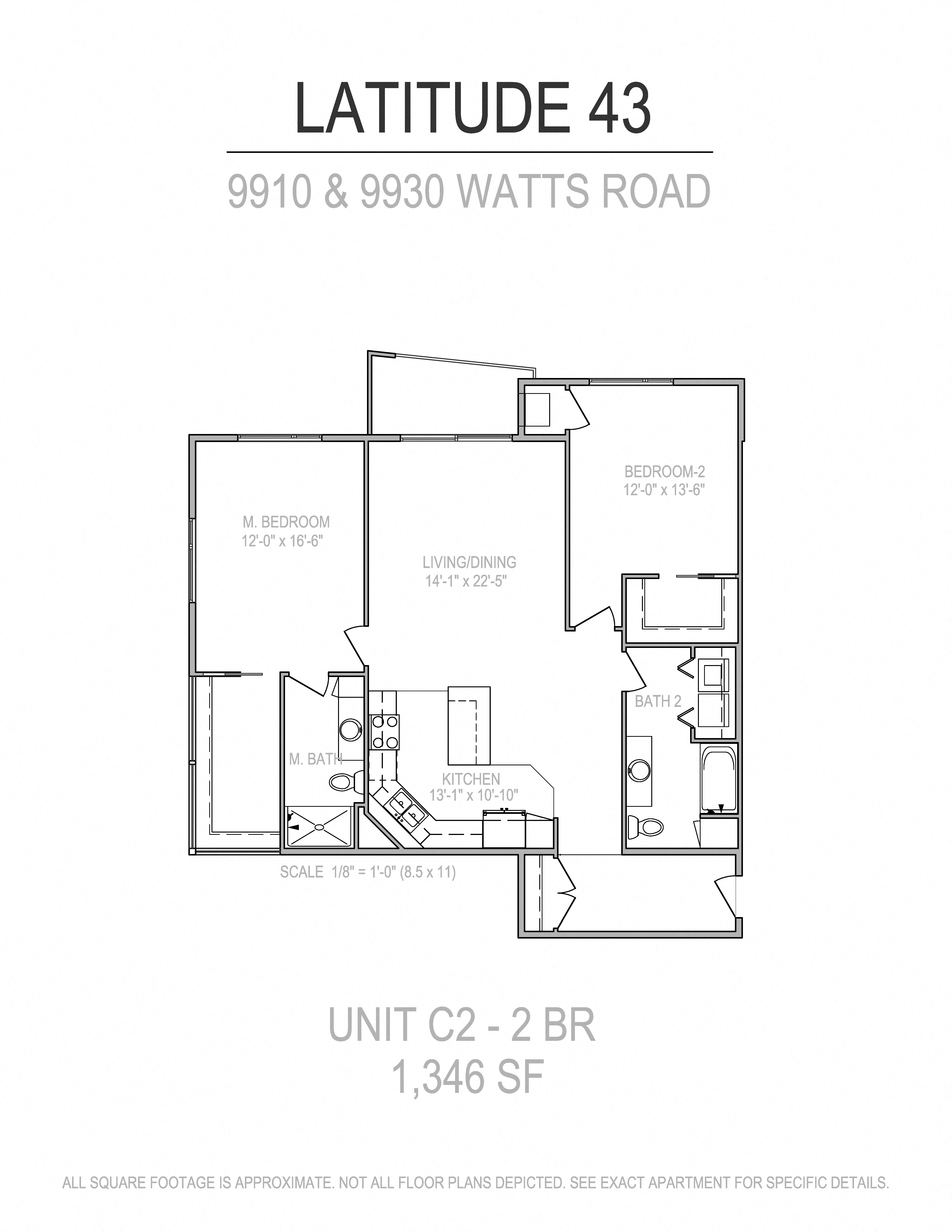 Floor plan for 2 beds, 2 baths, 1346 sqft