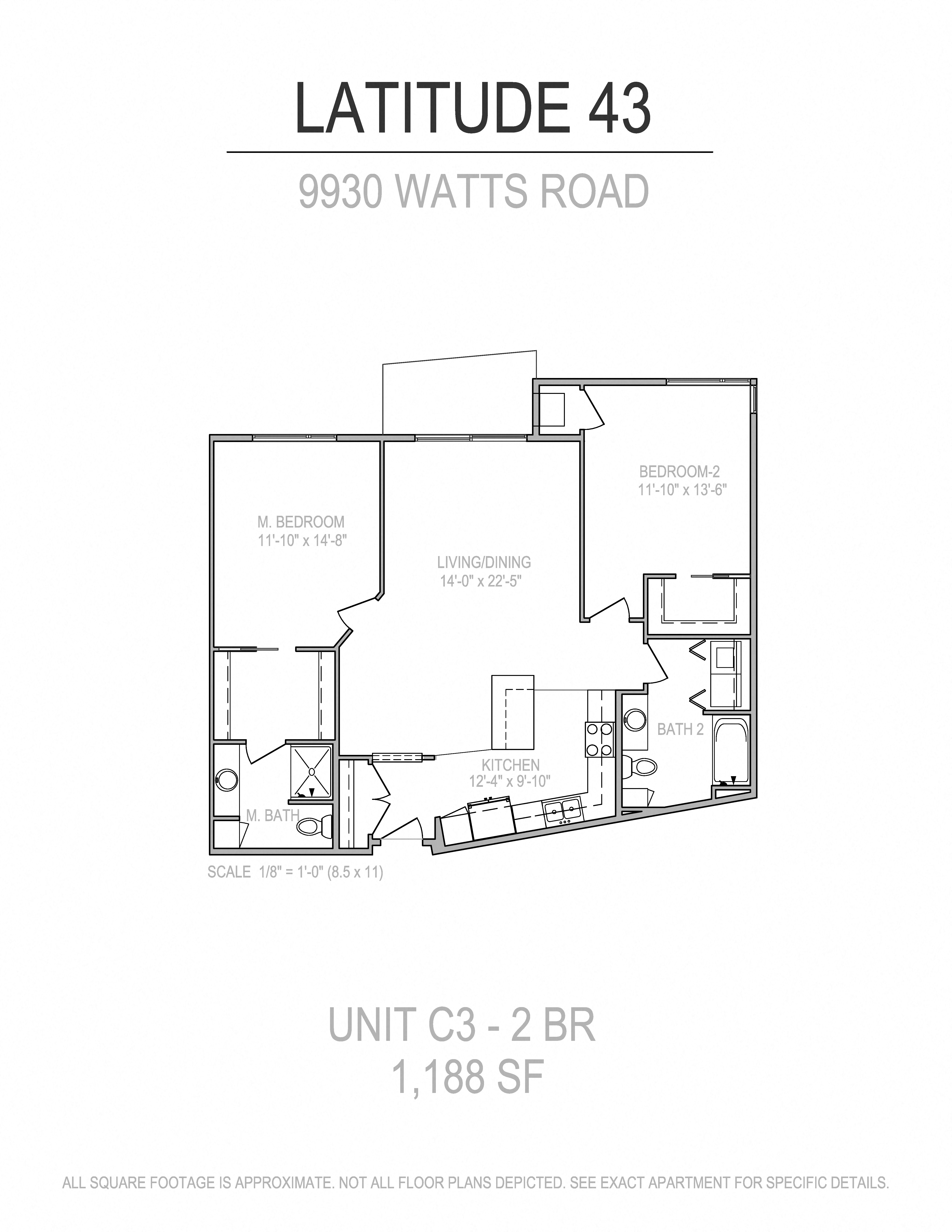 Floor plan for 2 beds, 2 baths, 1188 sqft