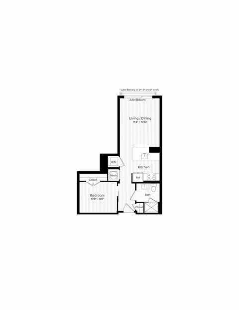 Floor plan for 1 bed, 1 bath, 577 sqft