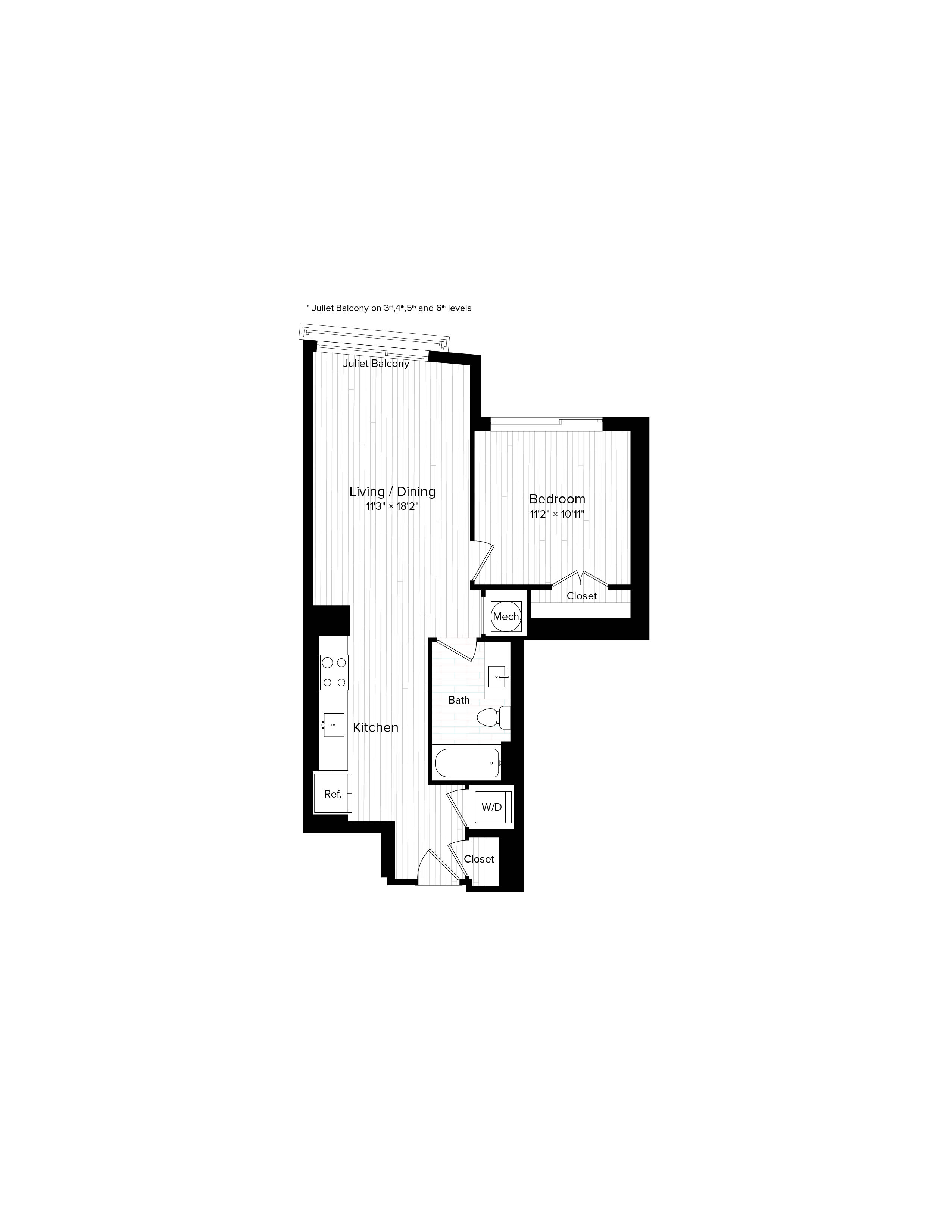 Floor plan for 1 bed, 1 bath, 667 sqft