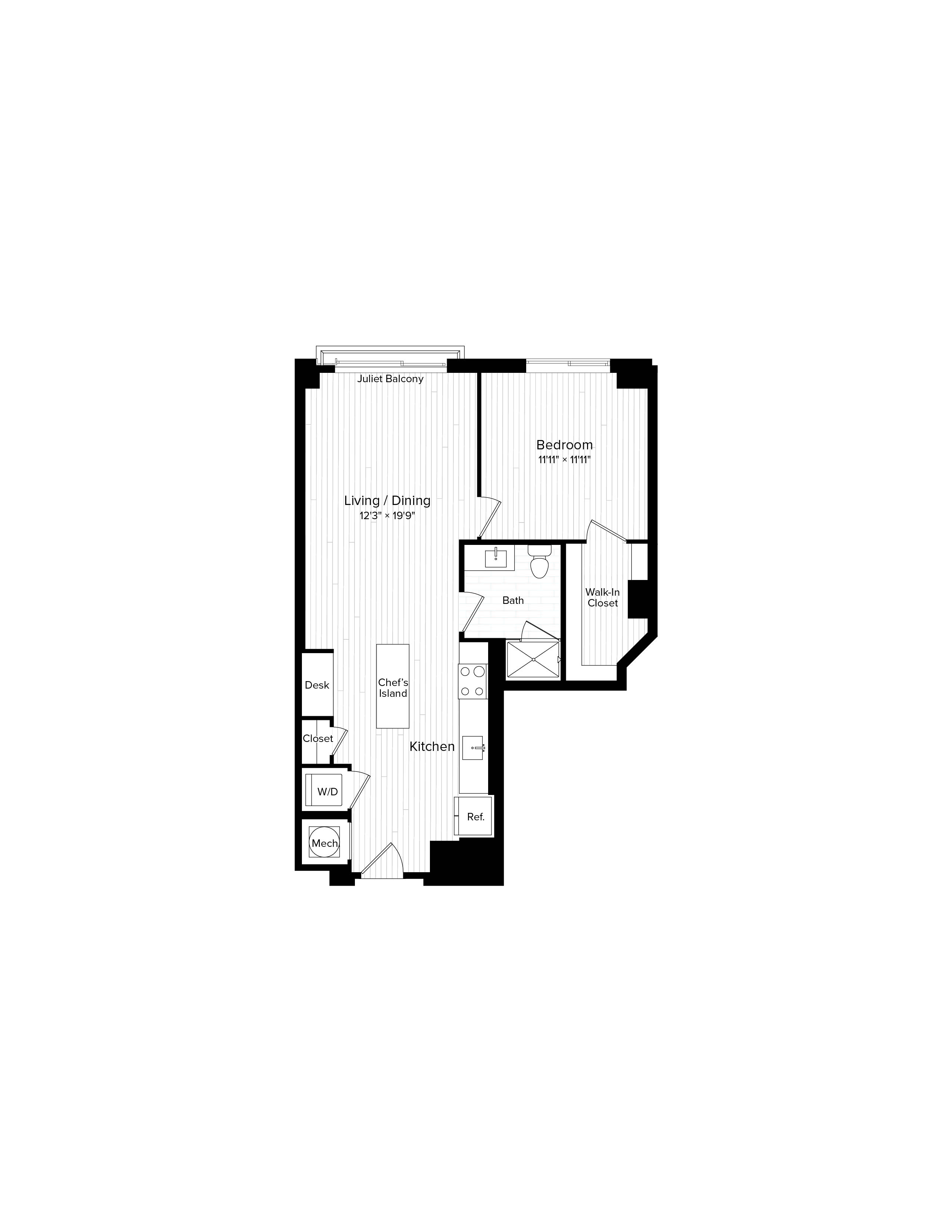 Floor plan for 1 bed, 1 bath, 763 sqft
