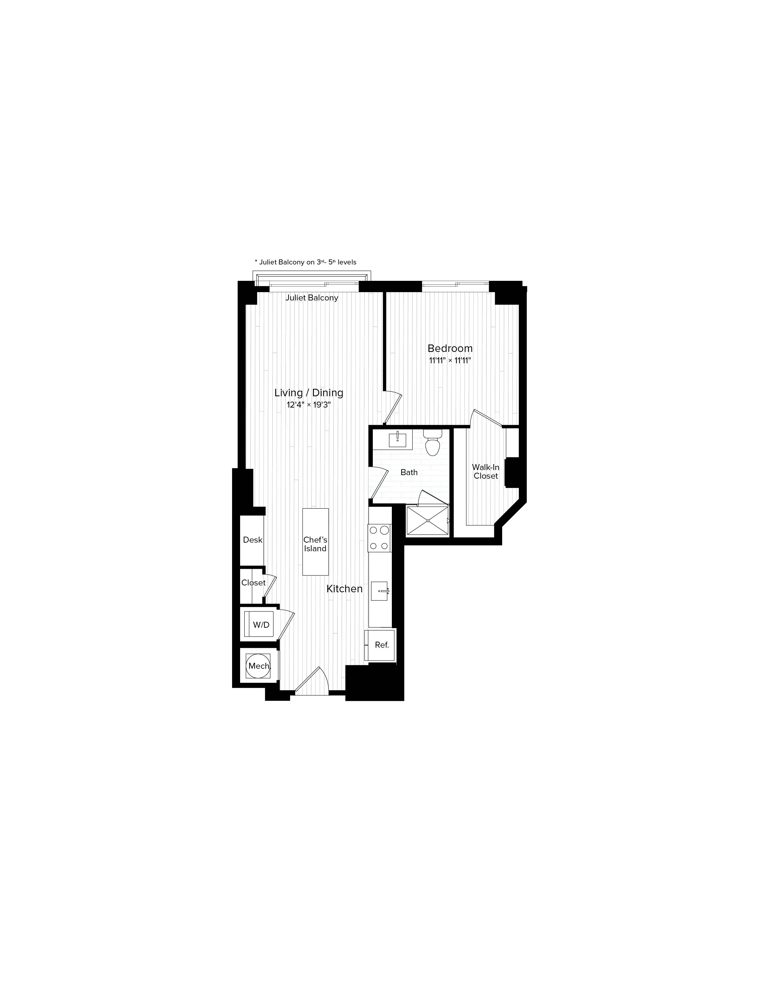 Floor plan for 1 bed, 1 bath, 773 sqft