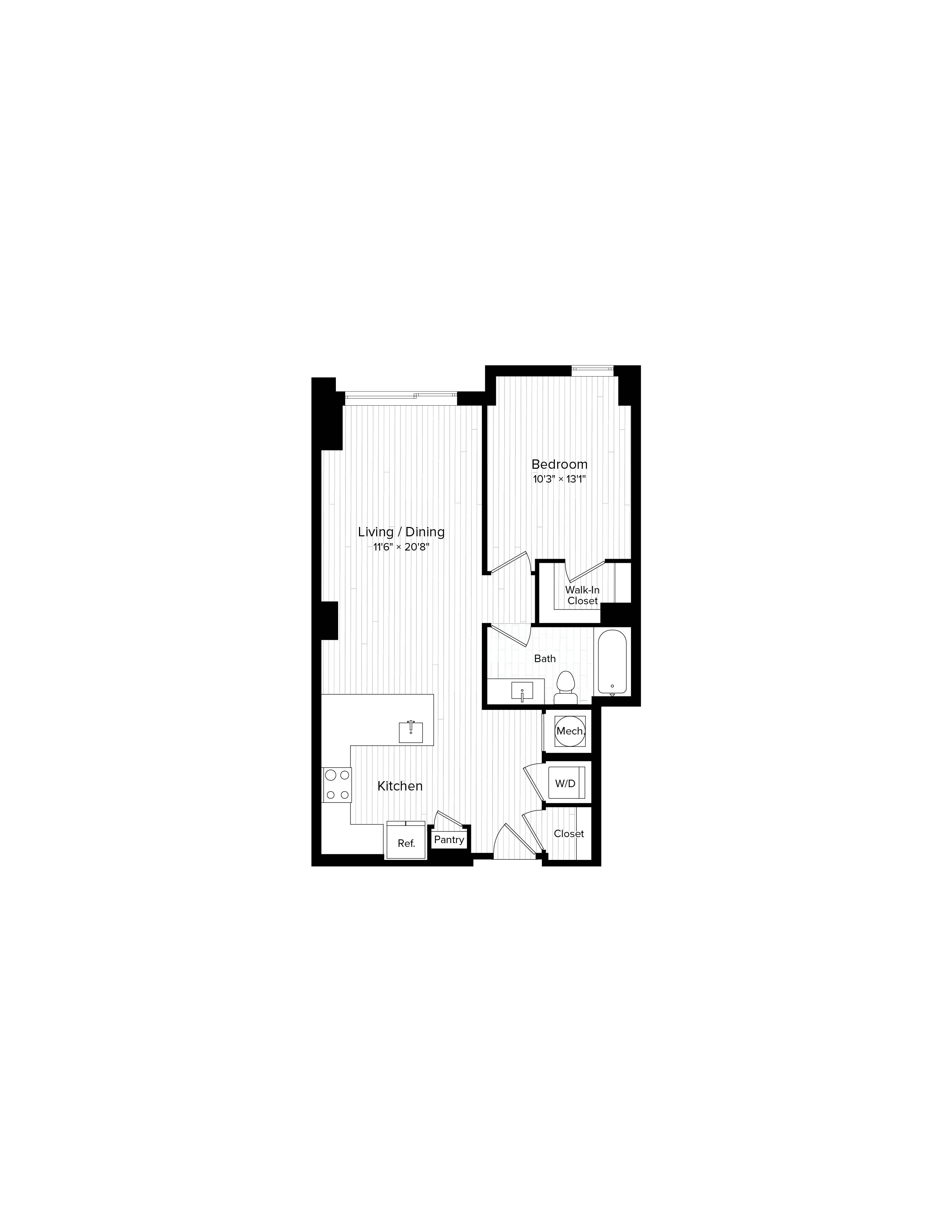 Floor plan for 1 bed, 1 bath, 764 sqft