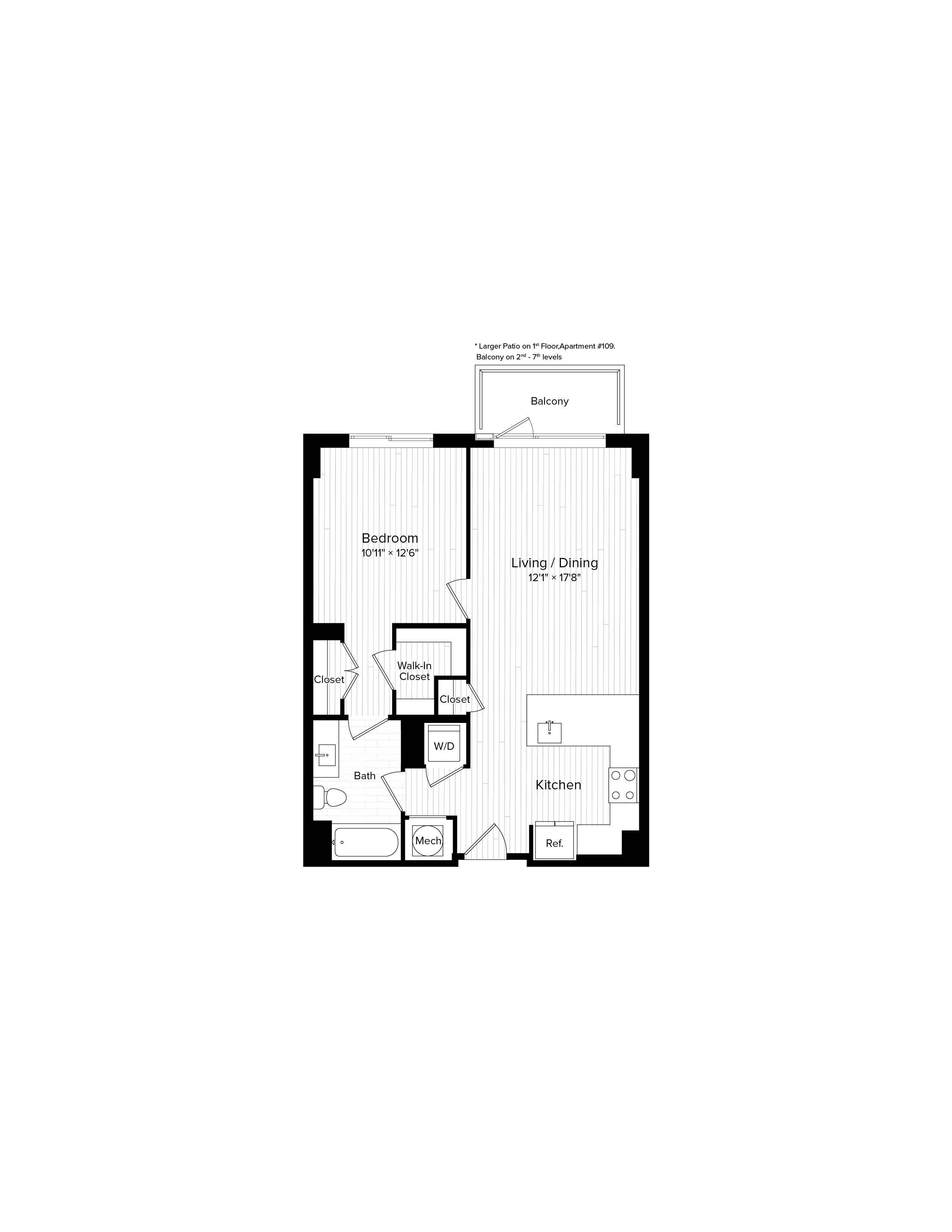Floor plan for 1 bed, 1 bath, 739 sqft