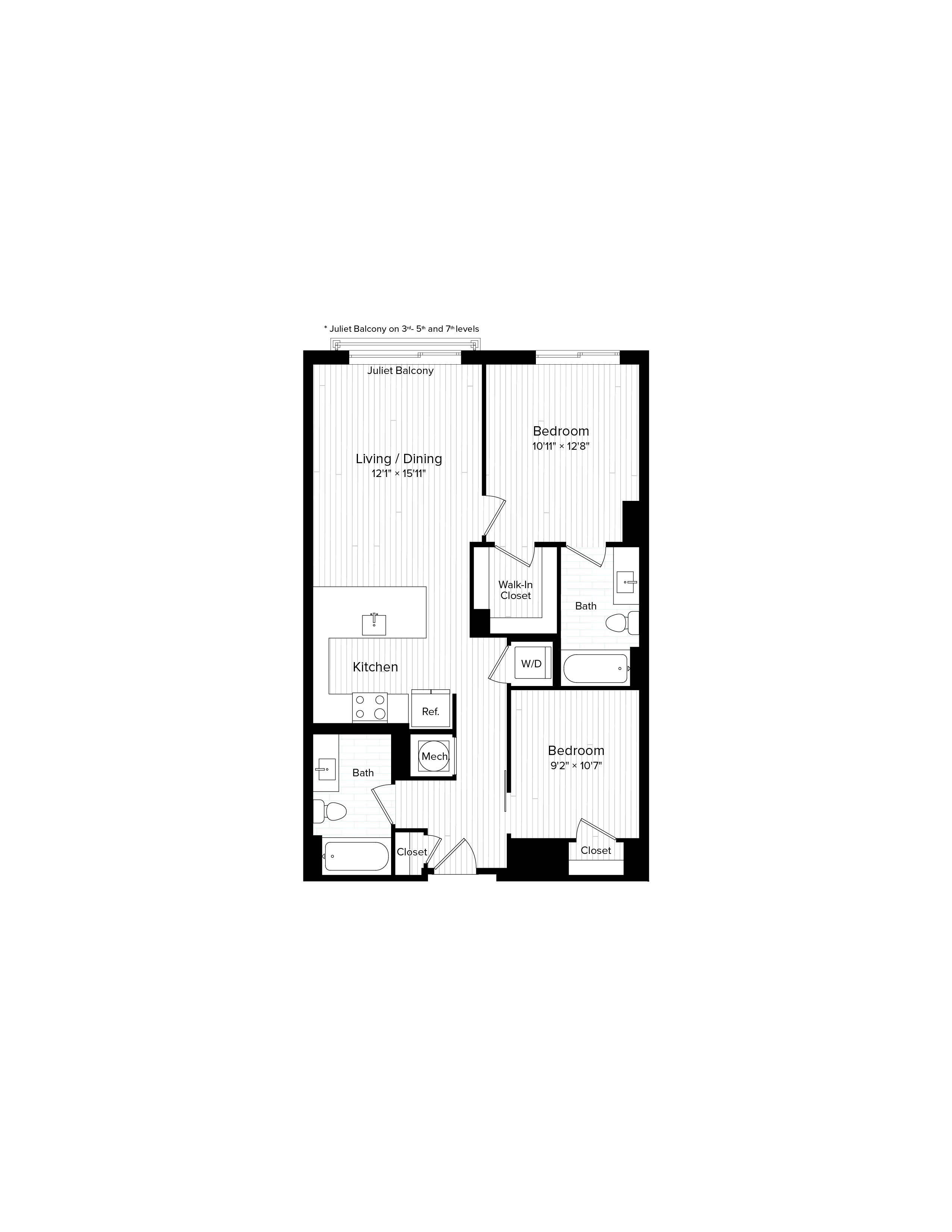 Floor plan for 1 bed, 1 bath, 898 sqft