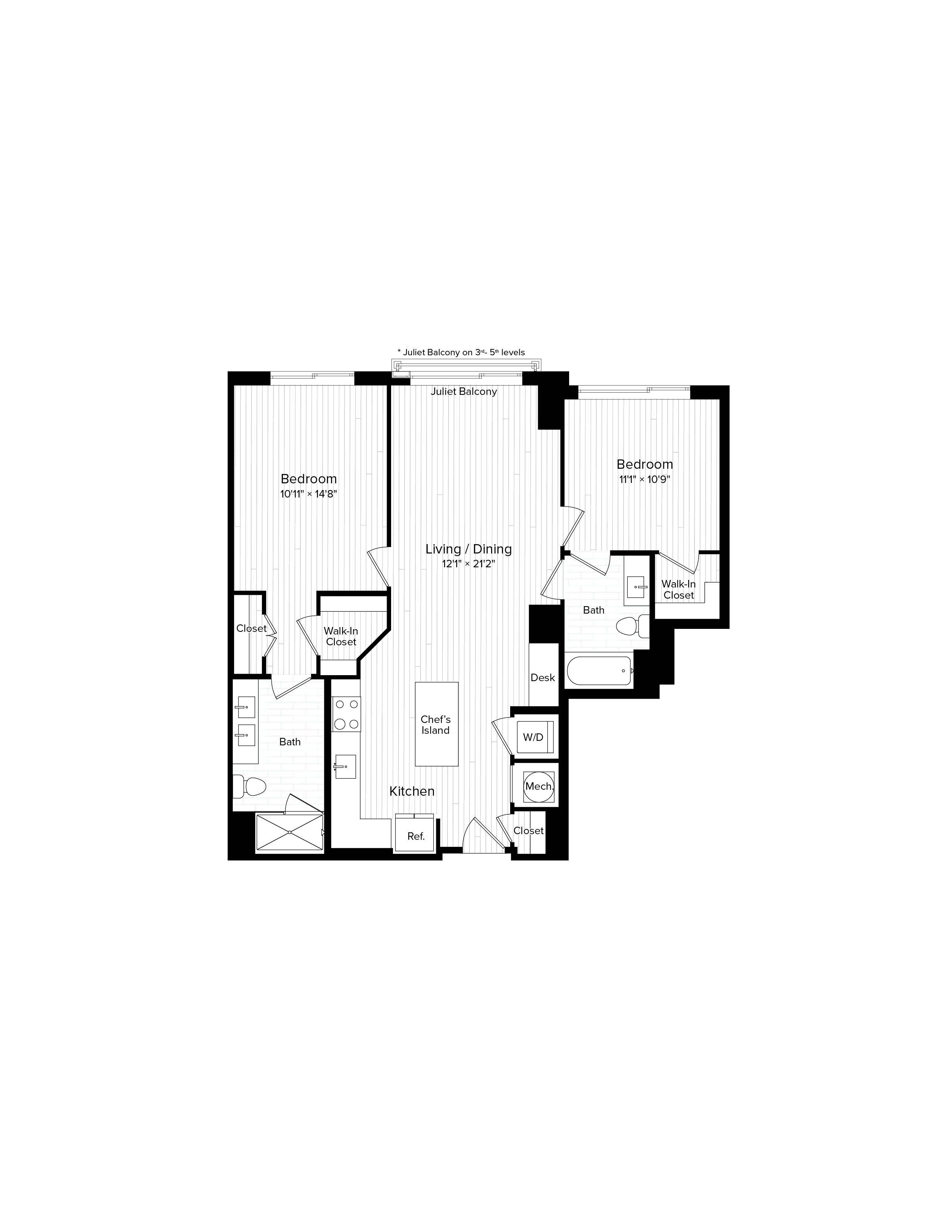 Floor plan for 2 beds, 2 baths, 1068 sqft