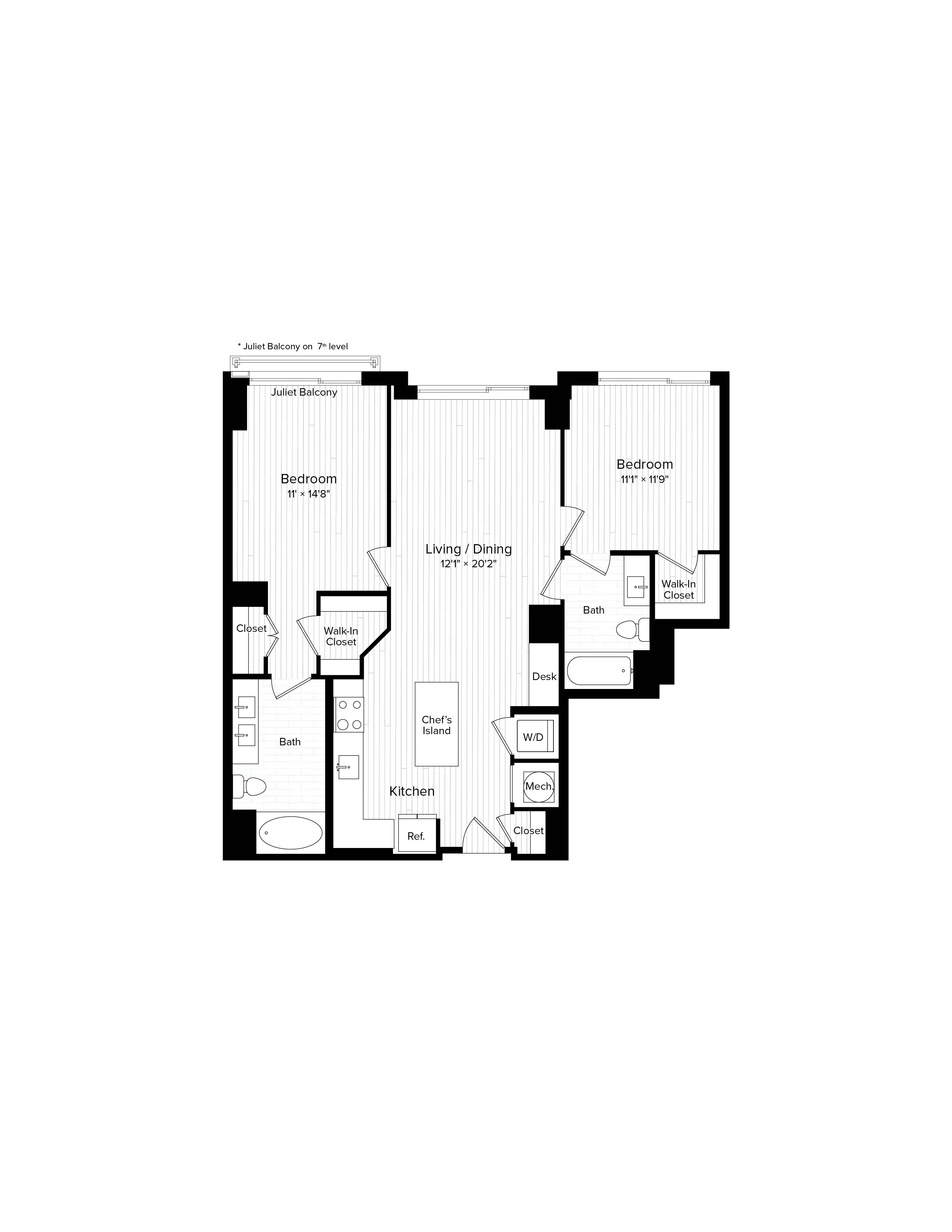 Floor plan for 2 beds, 2 baths, 1035 sqft
