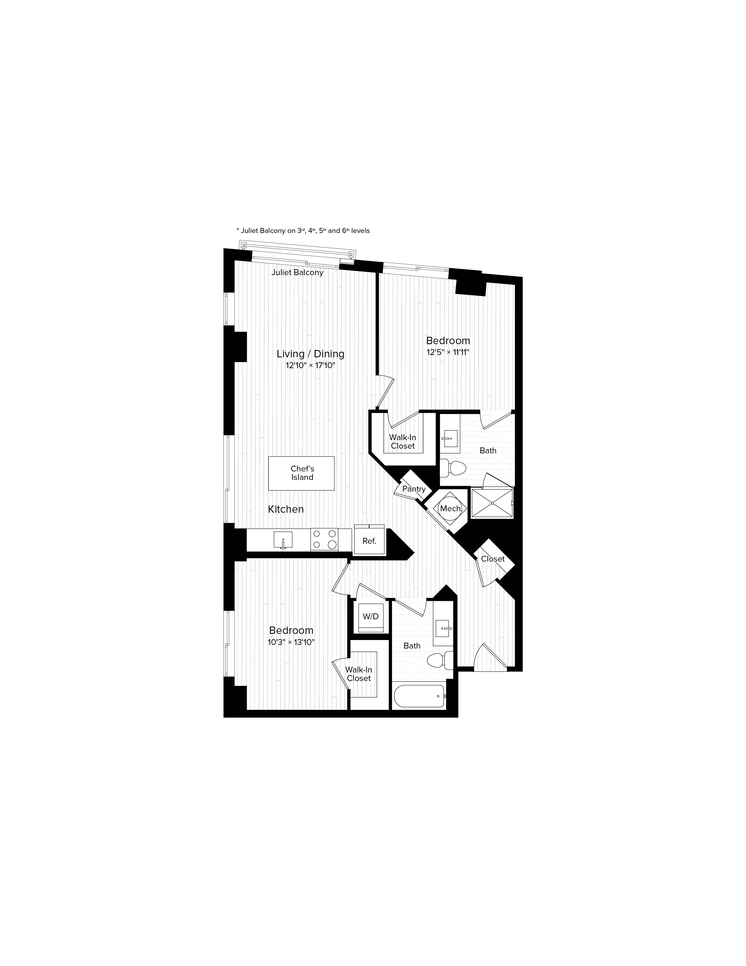Floor plan for 2 beds, 2 baths, 1086 sqft